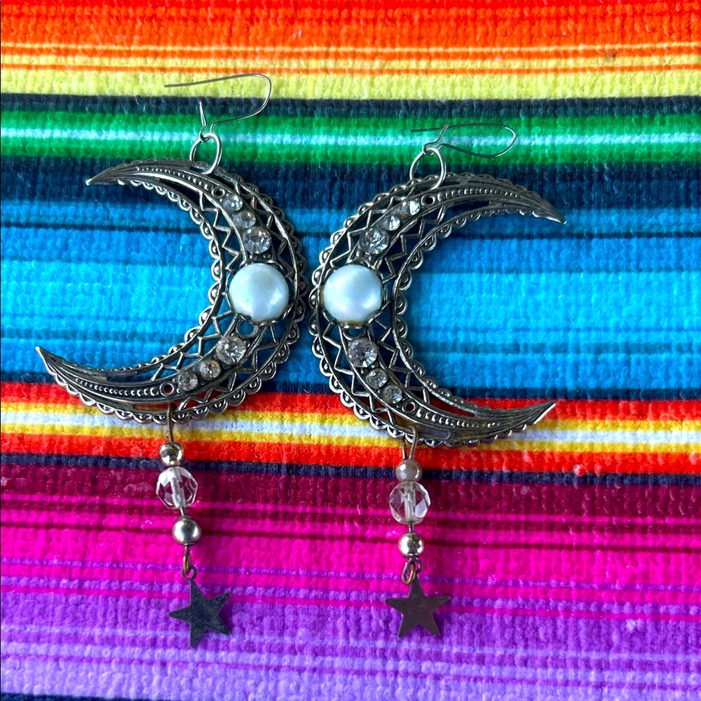 Silver Crescent Moon Earrings with Pearls